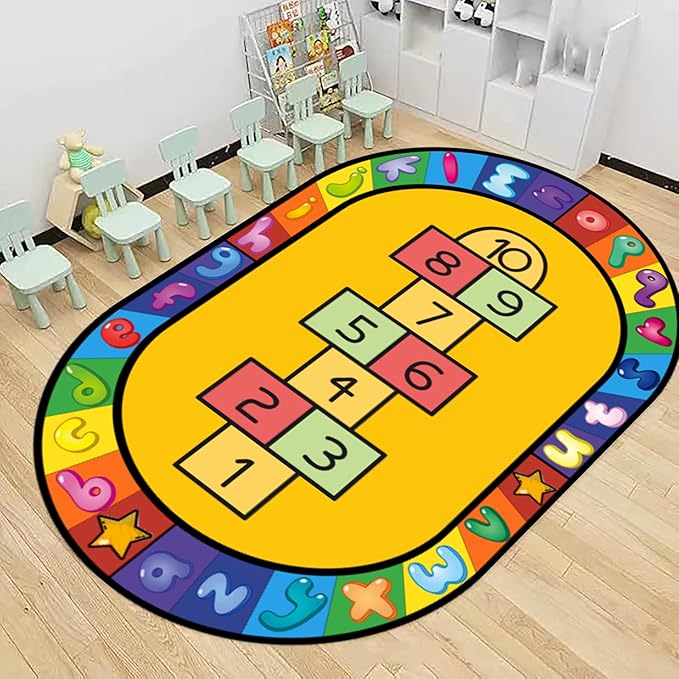 Hopscotch Kids Play Rug 4x6ft - Non-Slip Educational Alphabet & Numbers Learning Mat for Classroom, Nursery, Boys Girls Room - Washable Oval Game Carpet