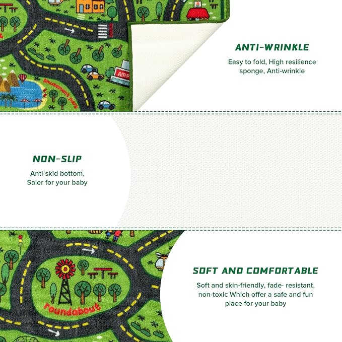 Tinideya Kids Carpet Playmat Rug Player Car Rug, 5 x 7 ft Traffic Map Mat Educational Game Area for Toddler Children Playroom Classroom Bedroom (City, Green)