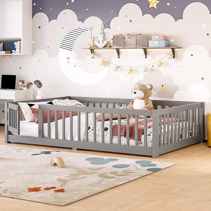 Bellemave Full Size Floor Bed with Rails for Kids, Girls, Boys, Pine,Plywood Floor Bed with slats and Door, Grey