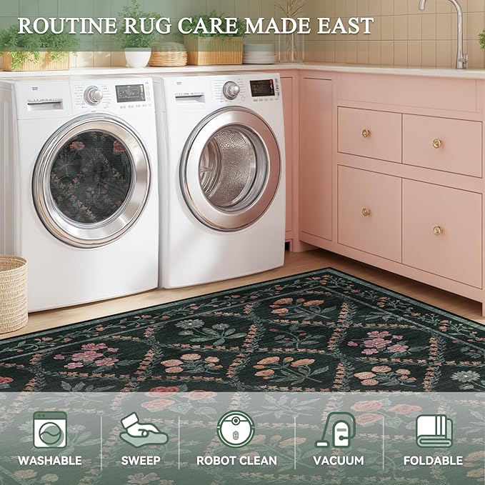 Green 5x7 Floral Rug Washable Area Rug, Non Slip Vintage Boho Rug for Bedroom, Stain Resistant Low Pile Floor Carpets for Living Room Dining Room Home Office,Dark Green