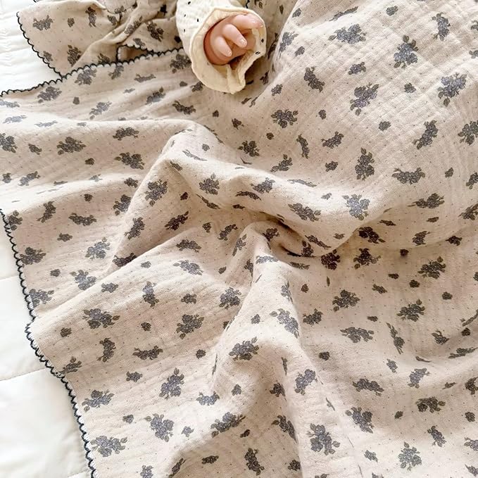 BuLuTu Shabby Chic Floral Baby Blanket 47x51 Inch, Double-Layer Muslin Cotton Blanket for Toddler Girls Boys, 100% Cotton Large Baby Quilt, Blue Orchid Print Nursery Blankets