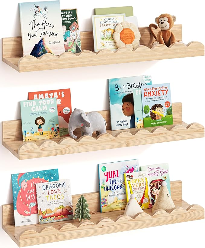 G&W Gruwald Nursery Book Shelves, Set of 3, Nursery Decor for Baby and Toddler, Scalloped Shelves, Book Shelf for Kids Rooms, Wall Book Shelf for Bedroom Kids, Floating Shelf for Wall