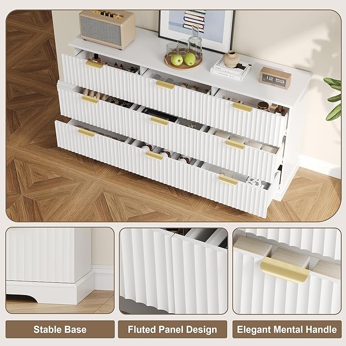 Fluted Dresser with 9 Drawers for Bedroom, 63" Wide Dresser with Metal Handle, Wooden Chest of Drawers for Bedroom, Living Room, Entryway, White