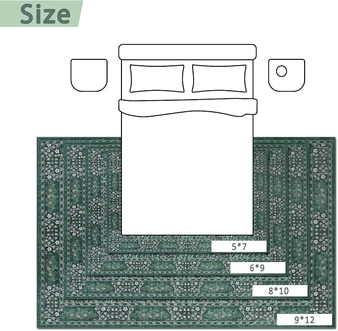 Dark Green Area Rug 6x9 Machine Washable Rug for Living Room,Entryway Bedroom Farmhouse Nursery Home Office，Low Pile Stain & Slip Resistant Large Dark Green Carpet for Bedroom