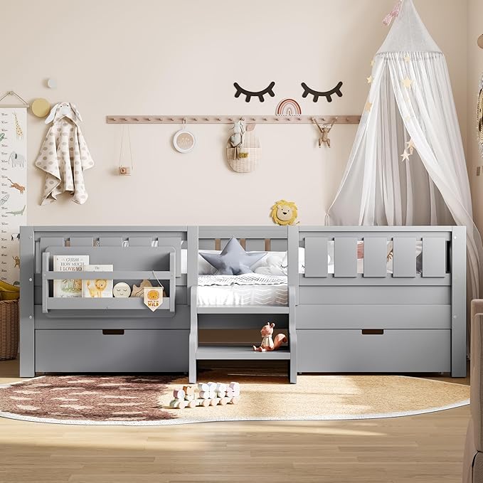 Bellemave Twin Bed with Slats and Stairs, Twin Size Platform Bed Frame with Fence, Bookshelf and Storage Drawers, Easy Assemble Beds for Kids, Girls, Boys, Gray