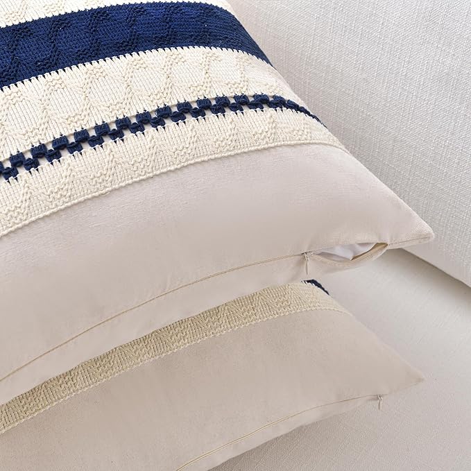 Fancy Homi Set of 2 Navy Blue Lumbar Decorative Throw Pillow Covers 14x24 Inch for Couch Bed Sofa Living Room, Aesthetic Modern Organic Farmhouse Home Decor, Soft Cotton Woven Textured Cushion Case