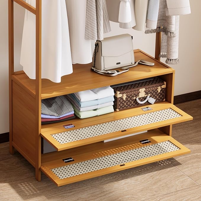 Clothing Rack with Shelves,Bamboo Clothes Rack,Natural Clothes Rack Hanging,Drawers Hanging Racks,Garment Racks with Shelves (27.6inch Width Natural with Rattan Door)