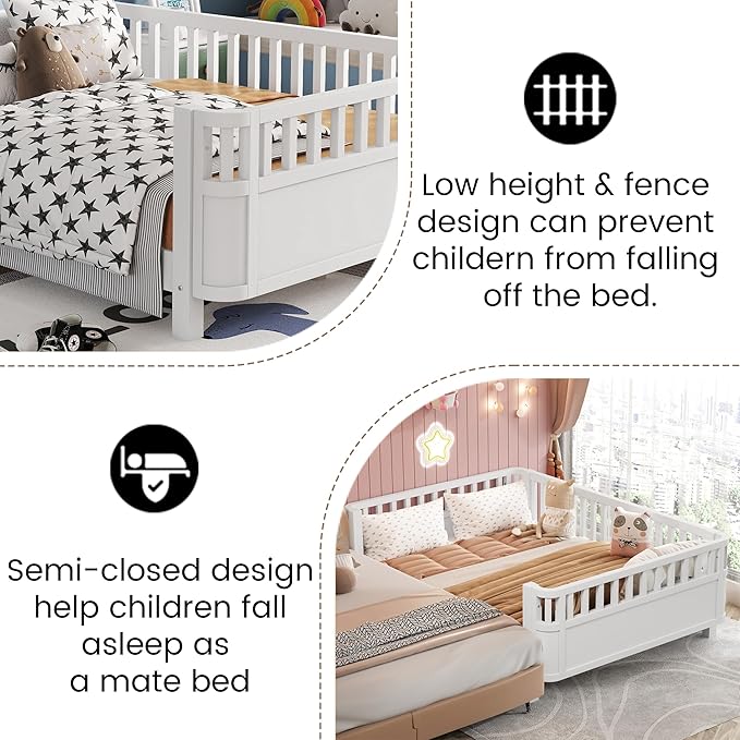 Full Size Kids Bed with Rails, Wood Montessori FloorBed Full with Slats Support, Modern Daybed Low to Ground for Girls Boys Bedroom Living Room, White