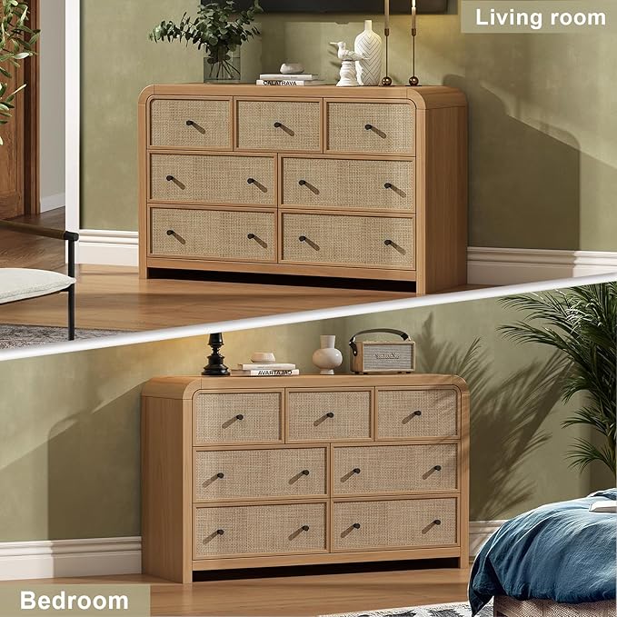 Oak&Sparrow 7 Drawer Dresser for Bedroom, 49'' Rattan Dresser with Ample Storage, Boho Chest of Drawers, Thickened Curved Profile Design, Oak Dressers for Bedroom, Living Room