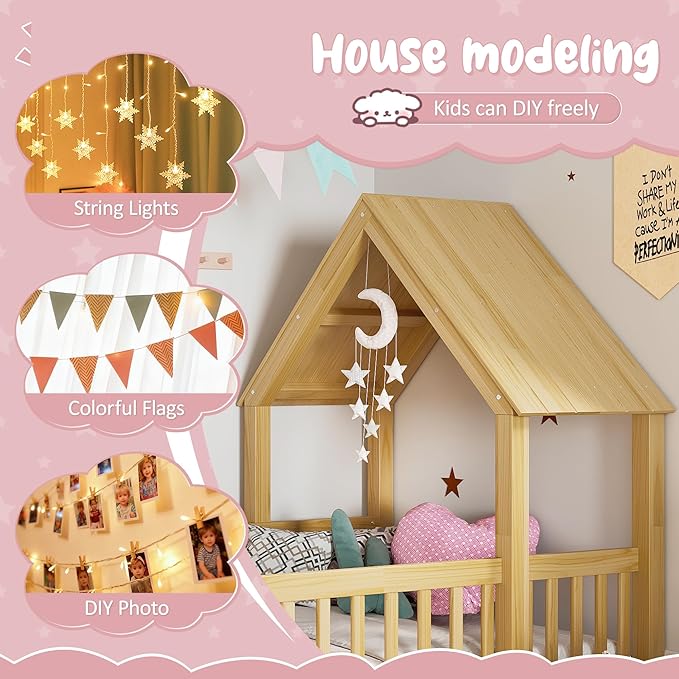 Harper & Bright Designs Twin Size House Shaped Double Floor Bed with Door and Full-Length Guardrails, Solid Wood Kids Montessori Floor Bed for Girls Boys, Multi-Function, Natural