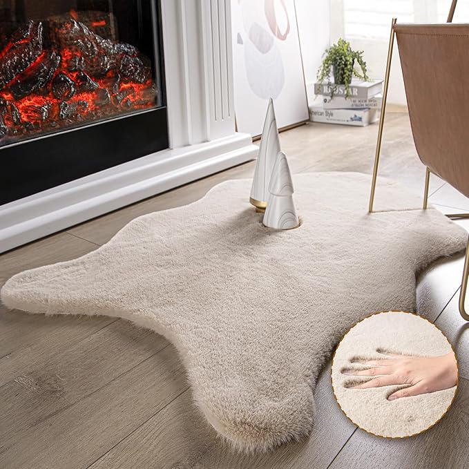 Ashler HOME DECO Ultra Soft Faux Rabbit Fur Chair Couch Cover Area Rug for Bedroom Floor Sofa Living Room Beige 2 x 3 Feet