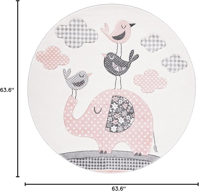 SAFAVIEH Carousel Kids Collection Area Rug - 5'3" Round, Pink & Ivory, Animal Design, Non-Shedding & Easy Care, Ideal for High Traffic Areas for Boys & Girls in Playroom, Nursery, Bedroom (CRK127P)