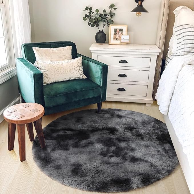 Amdrebio Tie-Dyed Dark Grey Round Rug 4Ft for Bedroom Dorm, Soft Furry Shaggy Circle Area Rugs for Living Room Office, Shag Fluffy Fuzzy Carpet for Kids Teen Boys Mens, Modern Cool Floor Circular Rug