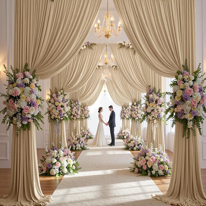 50×14 ft Beige Backdrop Curtain for Wedding Parties, 10 Panels 14ft Long Wrinkle Free Silky Polyester Backdrop Drapes Tan Photo Back Drop Cloth for Birthday Baby Shower Photography Backgrounds