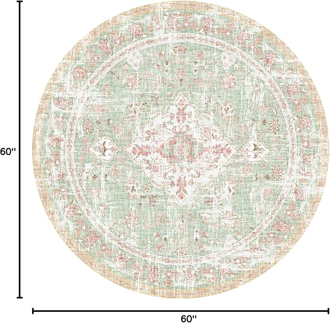 Vhong Boho Area Rugs Vintage Washable Modern Neutral Carpet Green and Pink 5×5 High Traffic Round Rugs for Dinning Room Living Room Bedroom Farmhouse Non Slip