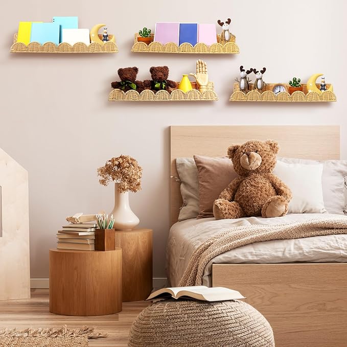 Pinkunn 4 Pcs Nursery Book Shelves 23.6 Inch Rattan Scalloped Floating Bookshelves Wicker Boho Book Shelf for Wall Mounted Decor Nursery Rooms Hanging