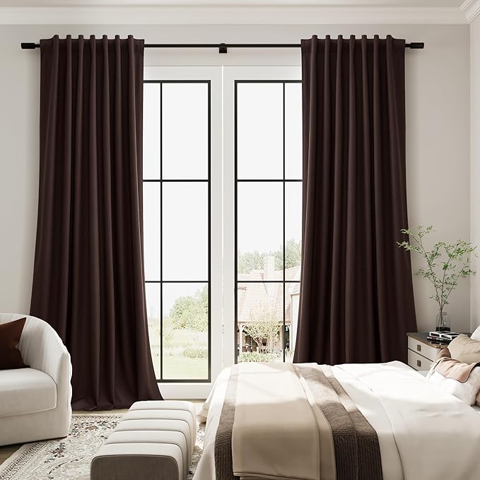 Guken Coffee Linen 100% Blackout Curtains for Living Room 84 Inch Length 2 Panels Set Textured Elegant Black Out Thermal Insulated Soundproof Back Tab Hook Belt Bedroom Cafe Backdrop Drapes 52x84 7Ft