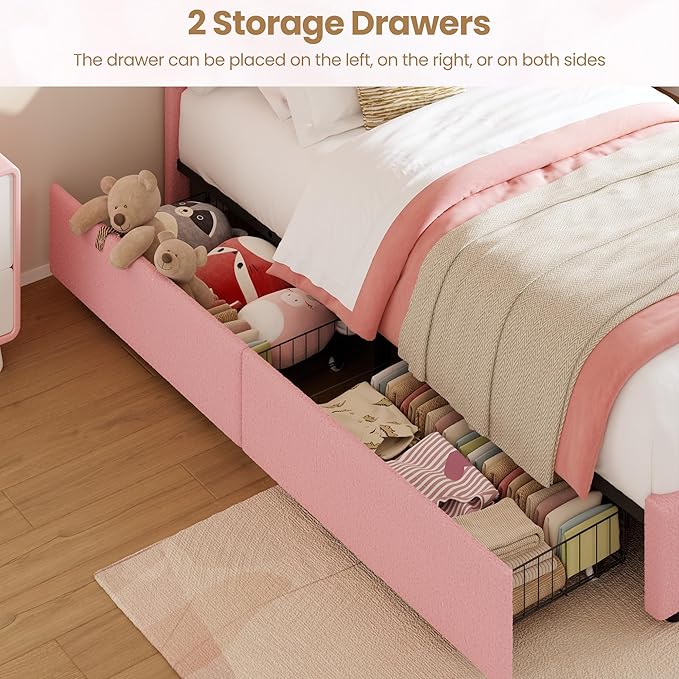 Garvee Princess Twin Size Bed Frame with 2 Storage Drawers & LED Lights, Velvet Upholstered Platform Bed with Rainbow Headboard for Kids/Girls, Solid Wood Slats Support, No Box Spring Needed, Pink