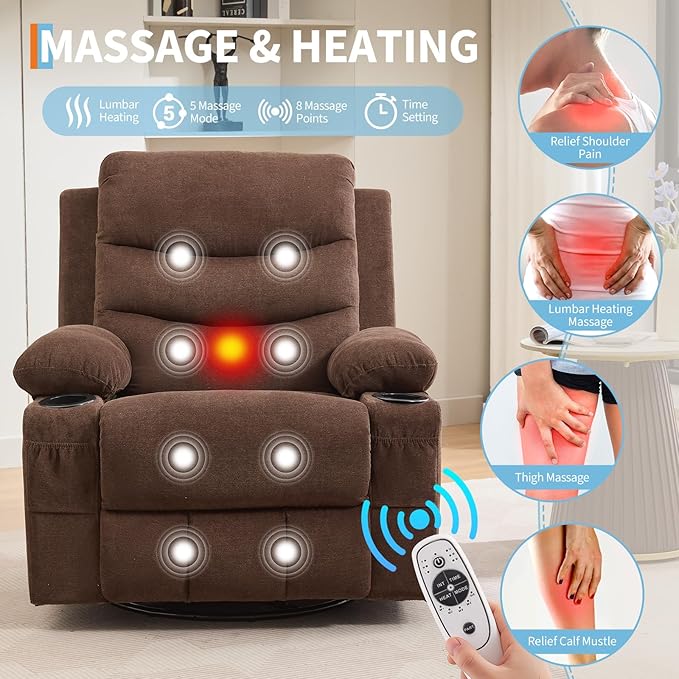 Recliner Chair Nursery, Oversized Manual Reclining Rocking Chair, 360 Swivel Glider with Cup Holder, Massage and Heat Recliner, Indoor Small Single Sofa Chairs for Adults, RV, Bedroom, Linen Brown