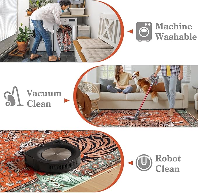 Moynesa Tiger Washable Area Rug, 9x12 Living Room Rug, Vintage Non Slip Large Rug for Dining Room, Ultra Thin Boho Soft Stain Resistant Indoor Carpet for Bedroom Guest Room, Rust
