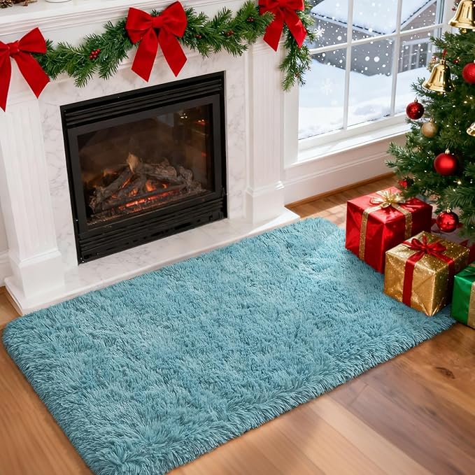 Merelax Modern Soft Fluffy Small Shaggy Rug for Bedroom Livingroom Dorm Kids Room Indoor Home Decorative, Non-Slip Plush Furry Fur Area Rugs Comfy Nursery Accent Floor Carpet 2X4 Feet, Turquoise Green