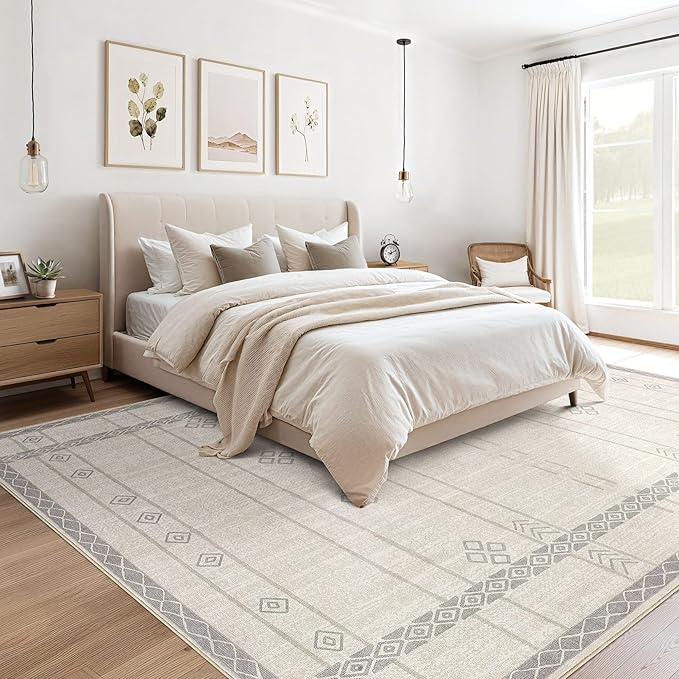 Area Rugs for Living Room Washable Living Room Rug Soft Neutral Indoor Floor Carpet Non-Slip Stain Resistant Modern Boho Rugs for Bedroom Dining Room Kids Room Nursery Office Home Beige Grey