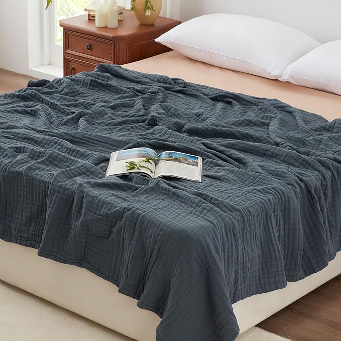 Love's cabin 6 Layer 100% Cotton Muslin Blanket, 108"x90" Muslin King Size Blanket for Bed Couch, Lightweight and Breathable Cotton Gauze for Adult, Dark Grey
