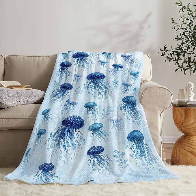 Jellyfish Blanket Marine Life Throw Blanket Blue Ocean Sea Soft Cozy Fleece Sealife Fuzzy Stuffed Plush Animal Flannel Gifts for Girls Women Boys Kids Adults 60"X80"