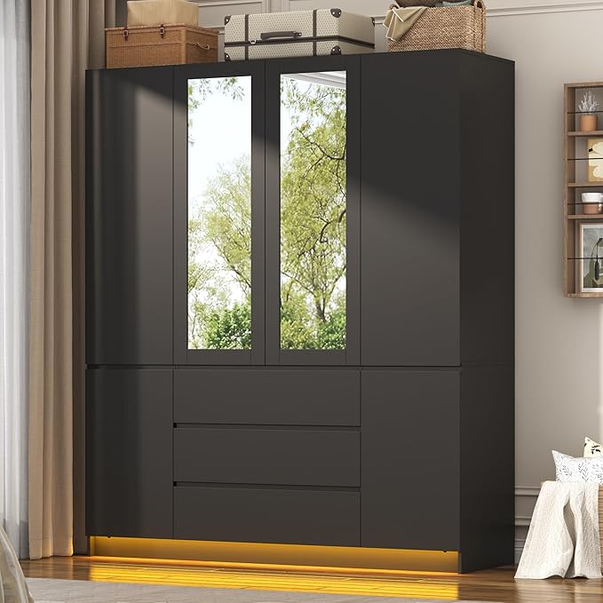 4 Doors Armoire Wardrobe Closet with 3 Drawers & Mirror, Modern Wooden Bedroom Armoires with Hanging Rod Led Lights for Bedroom, Black
