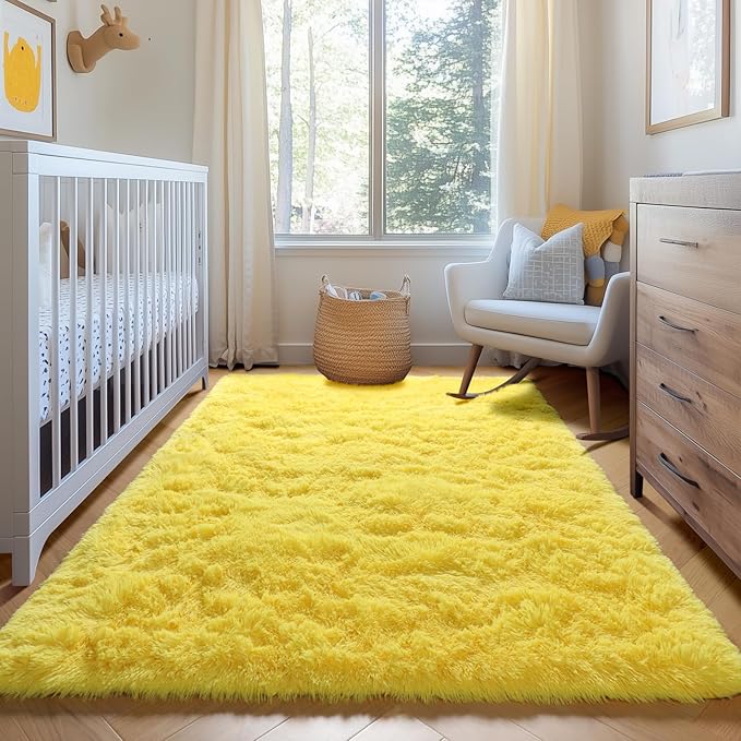 ONASAR Yellow Rugs for Living Room Bedroom, 5x8 Washable Fluffy Bedside Area Rug, Soft Plush Shaggy Indoor Floor Carpet for Nursery Kids Girls Boys Teen Dorm Home Office Decor Aesthetic