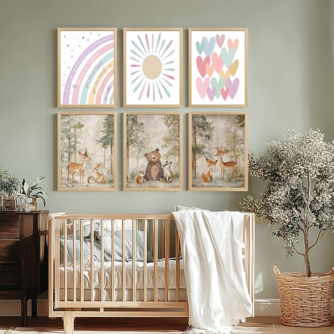 LLEEMPI Pink Heart Sun Rainbow Wall Art Set of 3, Baby Room Wall Decor, Boho Rainbow Nursery Canvas Painting, Classic Minimalist Poster Prints for Bedroom Bathroom Classroom Wood Framed 16x24 Inch