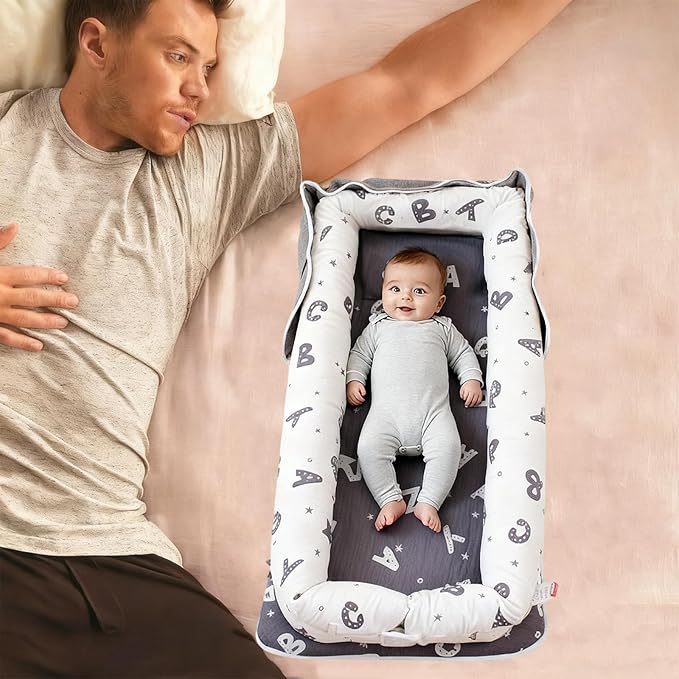 Baby Lounger for Newborn Portable Bag,Baby Nest Play Gym mat with Strap,Newborn Lounger Adjustable Size & Inner Zipper Lengthen Space to 24 Months(Letter Gray)