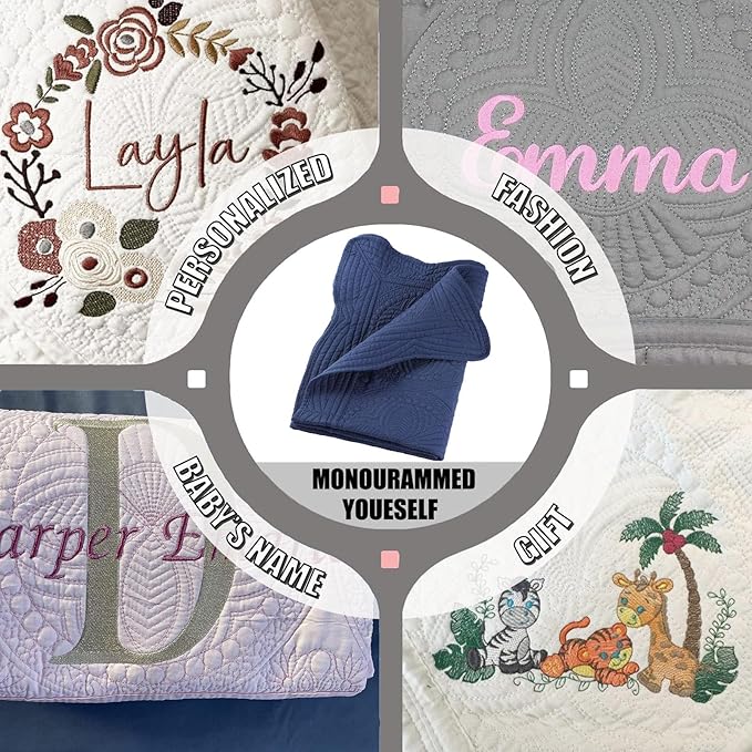 PEACELOVER Embossed Neutral Baby Quilt Durable, Lightweight Baby Blankets Four Seasons for Personlized Monogram Cotton Quilted Blanket Toddler Quilt for Boys and Girls 46x36 Inches (Navy)