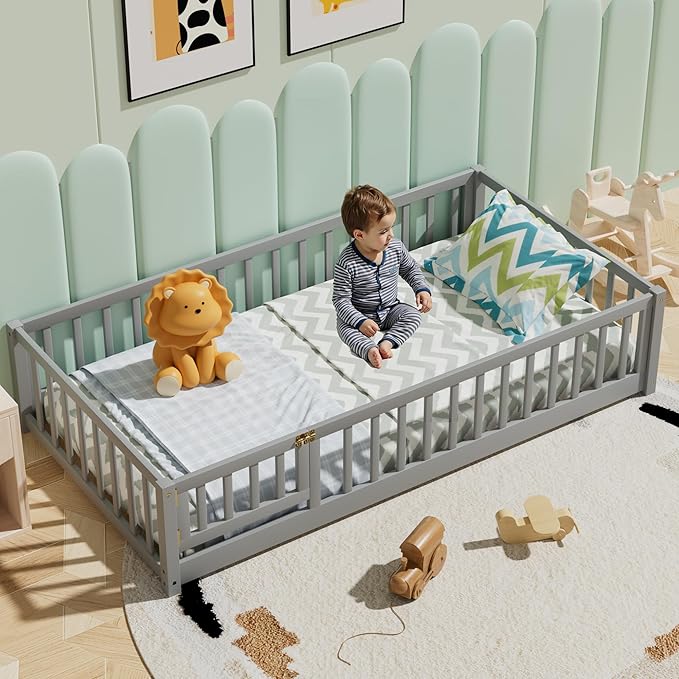 i-POOK Twin Floor Bed for Children, Sturdy Wood Montessori Bed Frame with Wood Slats, Fence & Door, Montessori Floor Bed for Girls and Boys, Gray