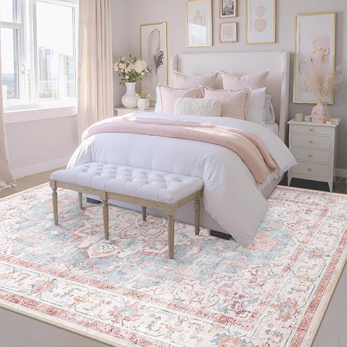 Machine Washable Rugs Nursery Rug 6x9 Cute Girl Non Slip Low Pile Water Repellent Soft Print Pattern for Bedroom Indoor Decor Kids Playroom Pinkblue