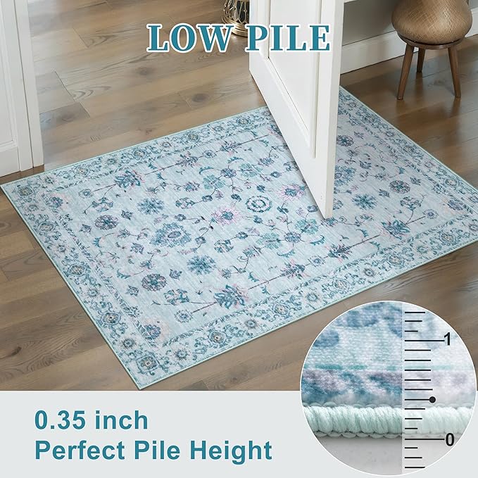 Tangsoo Floral Small Rug 2x3 Washable Rug for Entryways Vintage Non-Slip Area Rugs Light Blue Entry Rugs Distressed Floor Carpet Soft Low Pile Door Mat for Entrance Bedroom Kitchen Foyer Decor