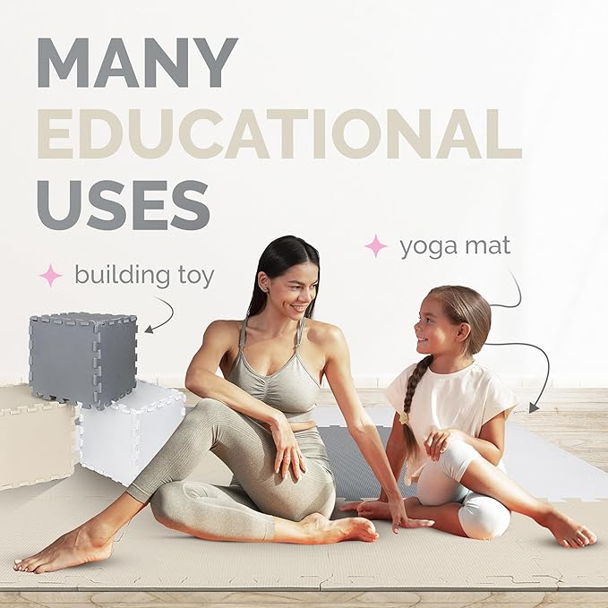 TOYVELT Foam Puzzle Floor Mat for Kids 12x12-16 Interlocking Play Mat Tiles with Colors - Educational Large Puzzle Foam Floor Tiles for Crawling, Non-Toxic - Cream-Gray-Beige