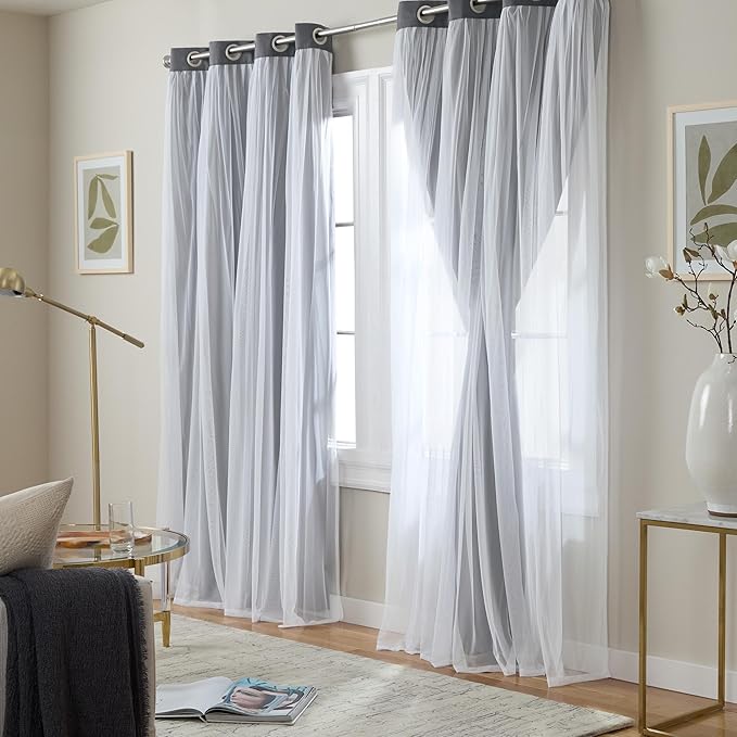 TOWN & COUNTRY LUXE Talia Double Layer Indoor Curtains, Sheer and Room Darkening Blackout, Grommet Top, Energy Efficient, 2-Pack Set, 52"x120", Black Pearl