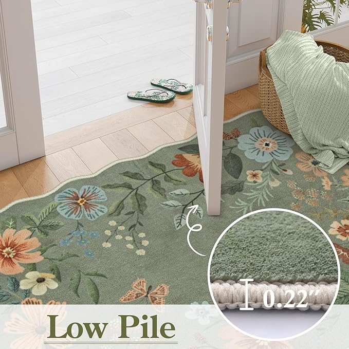 Lahome Floral Round Area Rugs, Washable Small Round Rug 3ft Non-Slip, Soft Boho Ultra-Thin Circle Carpet for Bedroom Entryway Kitchen Laundry Bathroom, Green
