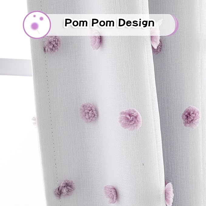 MYSKY HOME Total Blackout Curtains for Girls Bedroom with Purple Pom Pom Sheer 90 Inch Long 100% Light Blocking Curtains for Living Room 2 Panels Room Darkening Back Tab Double Layer Drapes 52" x 90"