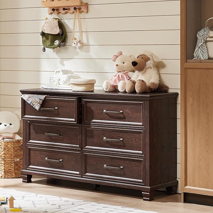 Farmhouse Wood 6 Drawer Dresser Set of 2, 54 inch Wide Large Vintage Chest of Drawers for Bedroom, Rustic Dressers TV Stand with Square Solid Wooden Legs for Living Room, Hallway, Walnut