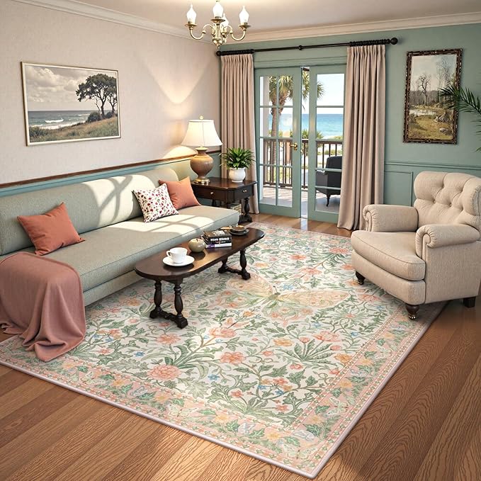 Collive Washable 6x9 Butterfly Area Rug, Pink Boho Floral Rugs for Girls Room, Soft Retro Non Slip Ultra Thin Insect Floor Carpet for Bedroom Living Room Playroom Nursery