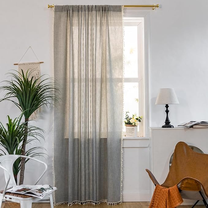 Deeprove Boho Style Curtains 96 inches Long, Vintage Bohemian Embroidery Striped Farmhouse Cotton Linen Fringe Window Treatments Bedroom Nursery Decor, W52 x L96, 1 Panel Dusty Grey and Stone Blue