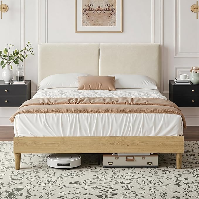 VECELO Queen Size Bed Frame Upholstered Platform Beds with Height-Adjustable Cotton and Linen Headboard, Heavy Duty Wood Slats, 6" Under-Bed Space, Noise-Free, No Box Spring Needed, Easy Assembly