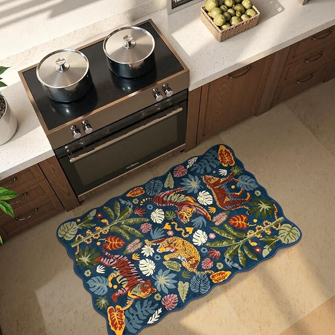 LEEVAN Washable Tiger Rug 2x3 Bathroom Rugs Non Slip Scalloped Blue Entryway Mat Leopard Front Door Mat Low Pile Rug Pad for Porch Soft Jungle Laundry Mat