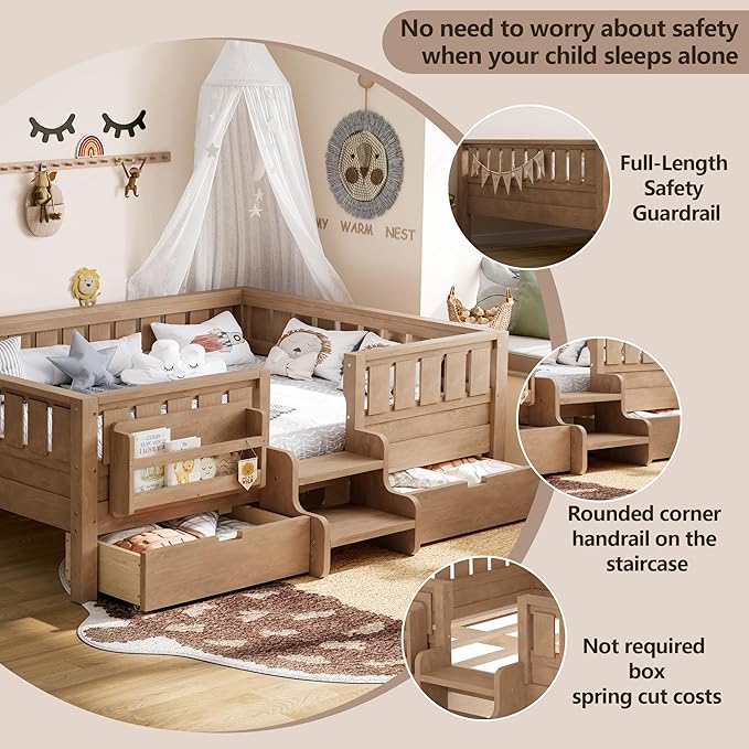 Bellemave Full Size Bed with Slats and Stairs, Full Size Platform Bed Frame with Fence, Bookshelf and Storage Drawers, Easy Assemble Beds for Kids, Girls, Boys, Natural