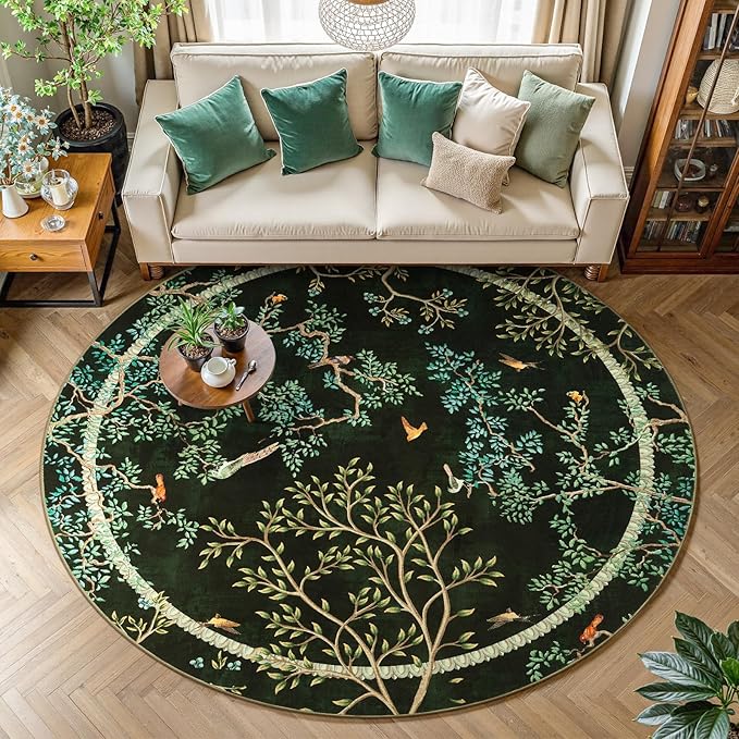 jinchan Yarden Christmas Round Rugs 6ft Moss Green Botanical Birds Print,Machine Washable 6' Circle Nature Plants Modern Soft Non-Slip Kids Throw Area Rugs, Low Pile Carpet for Living Room Bedroom