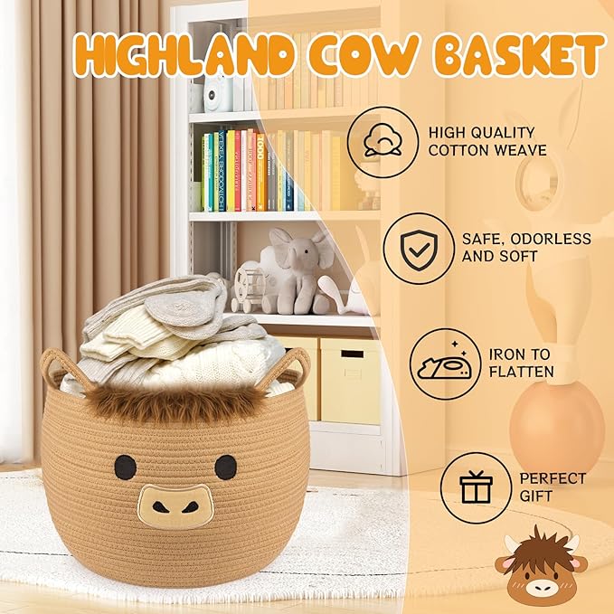 Highland Cute Cow Basket for Nursery, Large Blanket Gift Basket, Woven Rope Cotton Storage, Baby Laundry 0rganizer with Ears Handles, Towels Toy Clothes Gifts Storage Cat Dog Bin,13"D×11.5"H