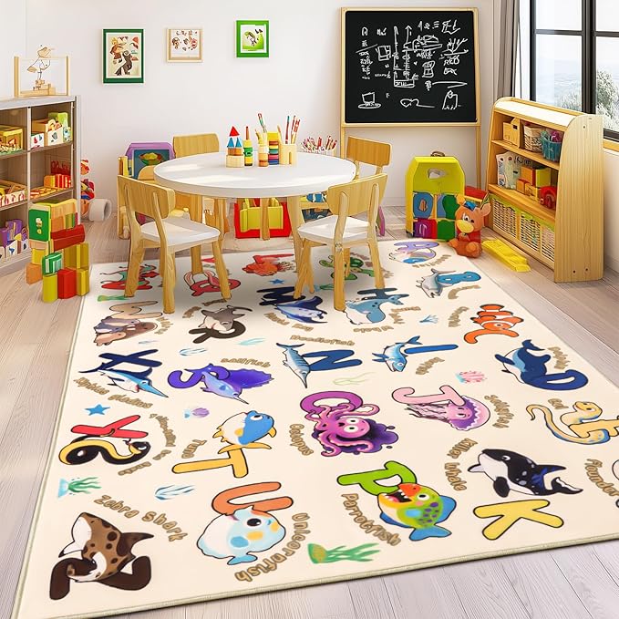 Kids Rugs for Playroom, 4x5 Feet Educational Rug for Learn The ABC Alphabet, Soft Machine Washable Non-Slip Cute Marine Organisms Carpet for Classroom Toddler Nursery Kids Room Decor, Beige