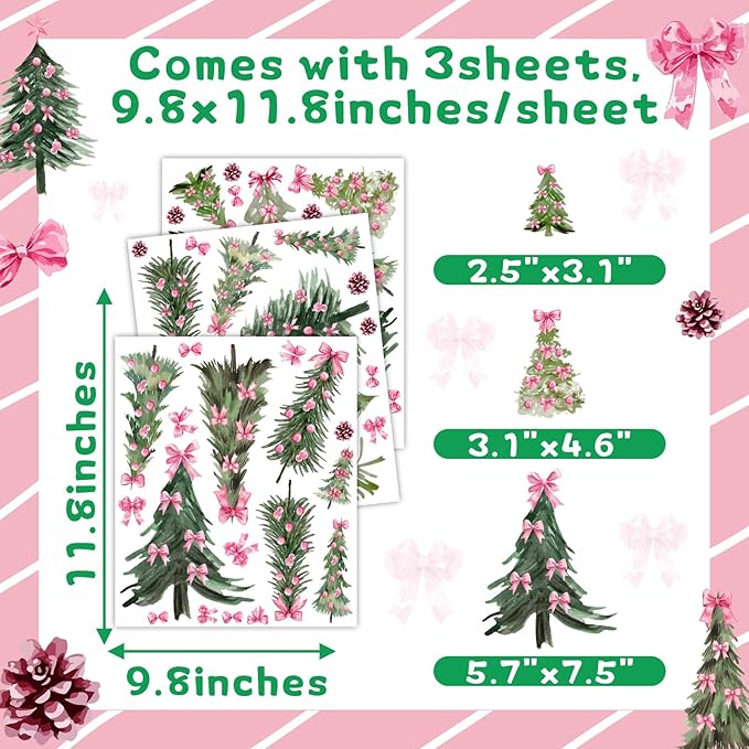 Christmas Tree Window Decals Small Pine Trees Wall Stickers Pink Bow Trees Windows Decals Watercolor Winter Green Tree Wall Stickers Removable Xmas Holiday Windows Decoration for Party Supplies